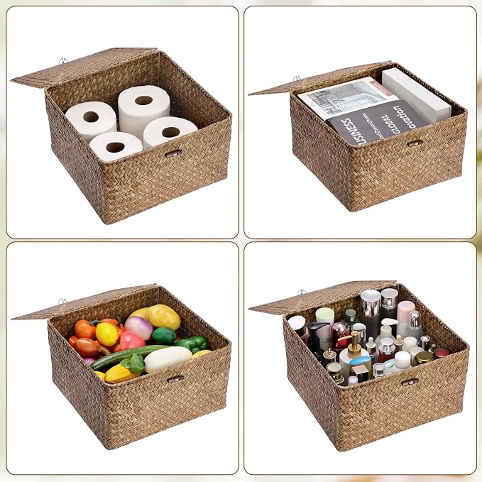 Hipiwe Handwoven Basket Container Seagrass Storage Box Wicker Bin for Fruits Snacks Clothes Books Towels Home Organizer with Lid, Coffee, XX-Large
