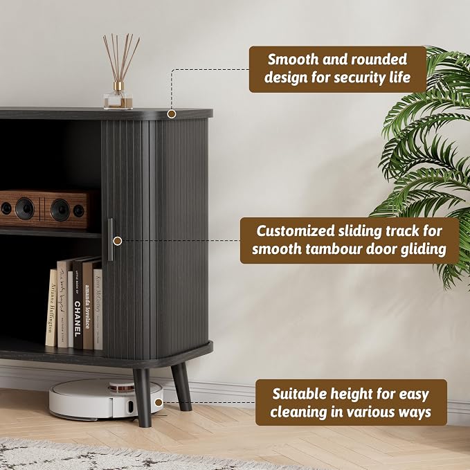 BORNOON Buffet Cabinet with Storage, Curved-Edge Fluted Storage Cabinet Sideboard, Modern Black Sideboard Buffet with Adjustable Shelves & Sliding Door for Dining Room, Kitchen, Entryway