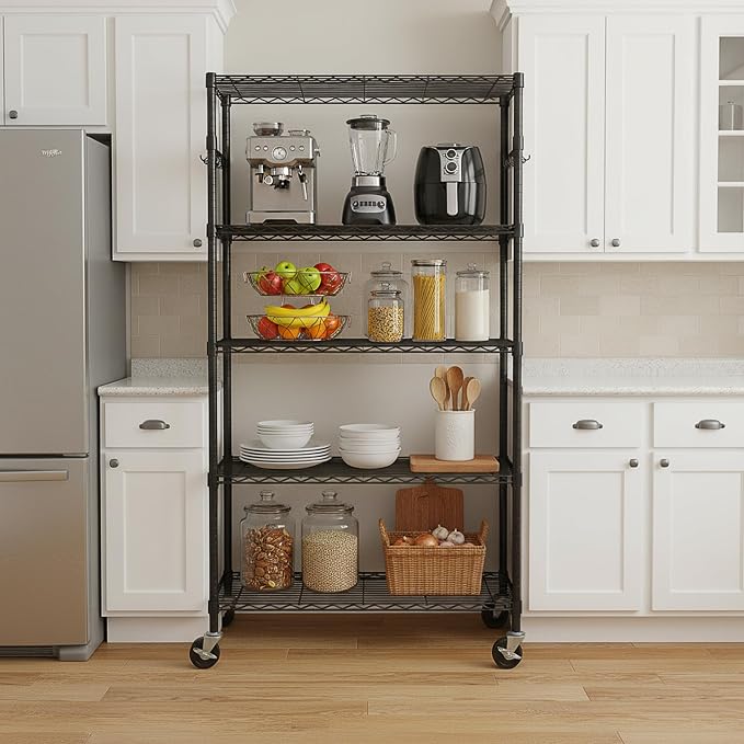 5 Tier Metal Shelving Unit Wire Storage Shelf with Wheels(14D x 36W x 75H) | Rolling Shelf Adjustable Utility Storage Rack Heavy Duty Wire Shelving Organizer for Kitchen Pantry Garage Basement, Black