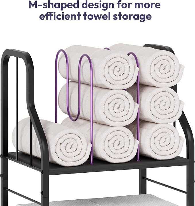 SWTYMIKI Free Standing Towel Rack - 3 Tier M-Shaped Detachable Dividers Towel Shelf for Bathroom, Durable Metal Pool Towel Holder, Modern Space-Saving Bath Towel Storage Organizer