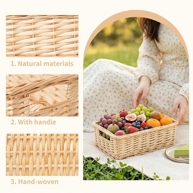 Rectangular Handwoven Willow Basket, Decorative Woven Wicker Storage Bin with Built-in Handles for Bathroom Vanity, Kitchen Counter & Shelf Organization