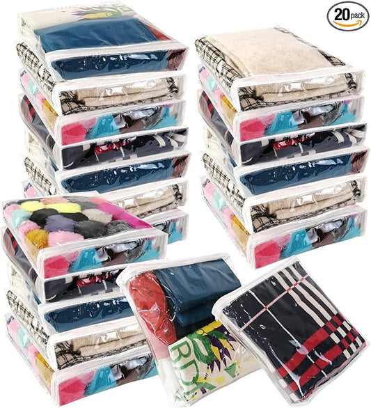 20Pcs Clear Vinyl Zippered Storage Bags, Small Blankets Storage Bags Plastic for T-shirt,Sweater Clothes, Thin Bed Sheet, Little Yarn etc Organizer with Zipper for Closet,10.5 x 10.5 x 2.4 Inch