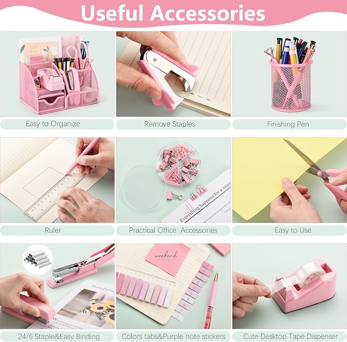 Fayoo 11 Pcs Pink Office Supplies Set Mesh Desk Organizer Accessories Kit | Include Stapler, Tape Dispenser, Staple Remover, Clips, Ruler, Scissors, Sticky Notes, for Office, School, Home, Women