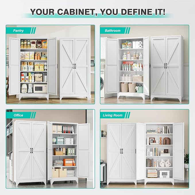 SISESOL Wide & Deep Pantry Storage Cabinet with 2 Doors and 5 Shelves,72" Tall Farmhouse Storage Cabinet,Large Cupboard Closet,White Cabinets for Home,Kitchen,Bathroom,Dining/Living Room