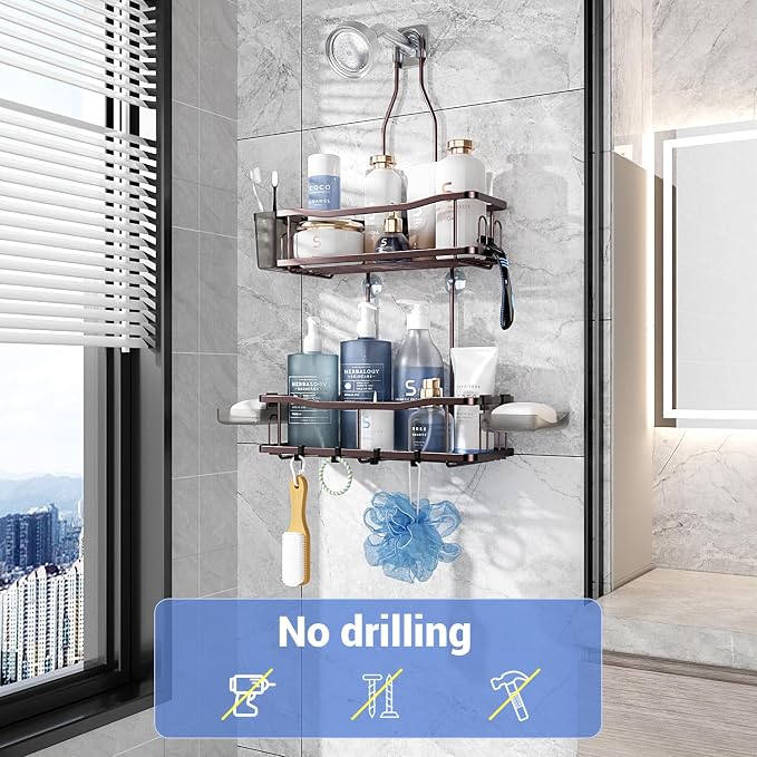 Aitatty Hanging Shower Caddy Bathroom Organizer: Rustproof Shower Shelf Racks Over Shower Head - No Drilling Inside Bath Shower Rack Shelves Over Showerhead for Shampoo with Soap Holder Bronze
