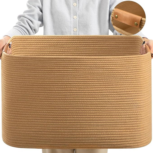 danpinera 108 L Blanket Basket for Living Room, Toy Basket With Leather Handle, Large Storage Bins for Toys, Pillows, Clothes, Rectangle Large Cotton Rope Basket, 25’’*16’’*16’’ Jute
