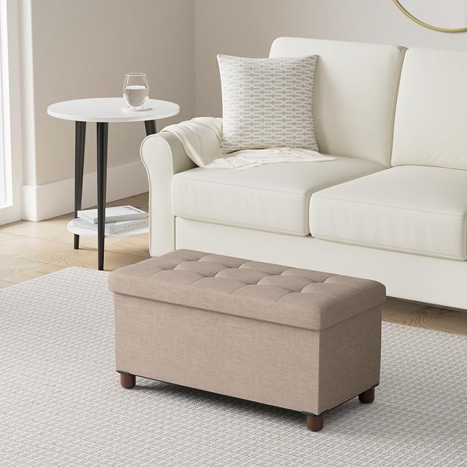 30 Inches Storage Ottoman Bench, Storage Bench with Wooden Legs for Living Room Ottoman Foot Rest Removeable Lid for Bedroom End of Bed, Linen Fabric, Folding Beige Ottoman