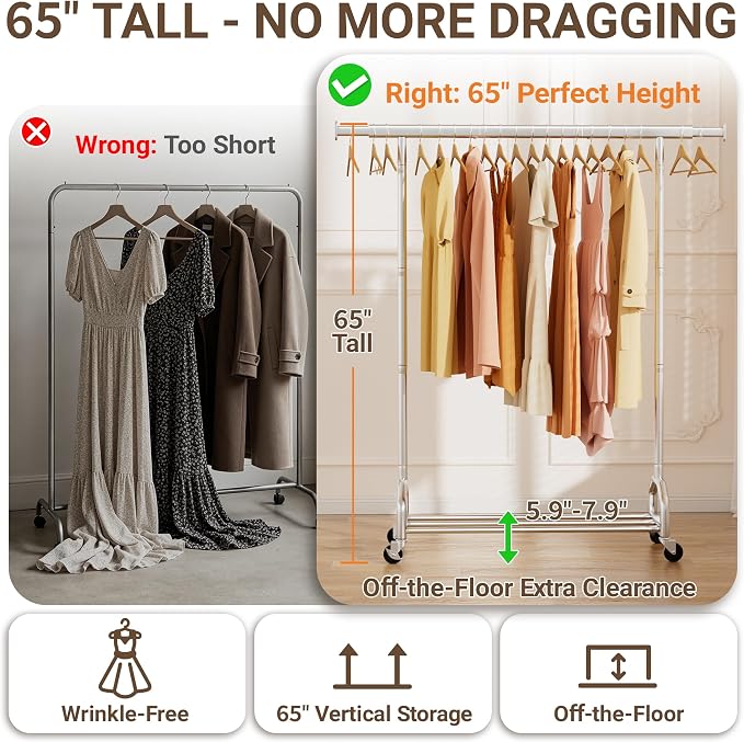 Heavy Duty Rolling Clothing Rack, 450 lbs Capacity Metal Clothes Rack with Wheels, 65" Tall Freestanding Hanging Rack for Bedroom, Laundry Room, Retail Display, Chrome