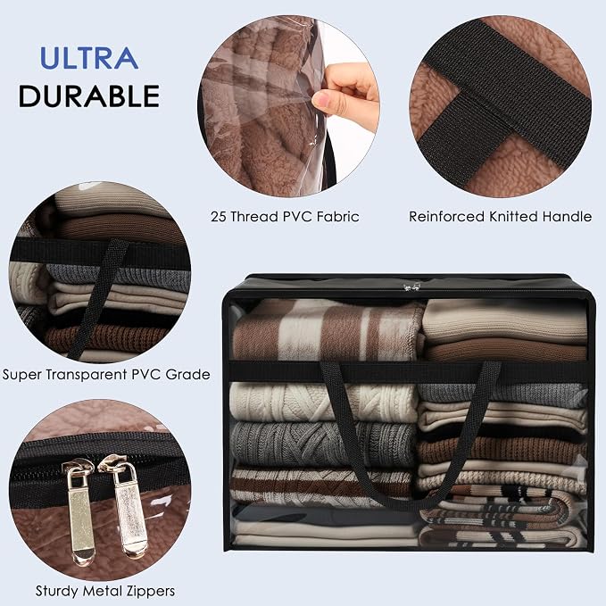Blanket Storage Bags 4 Pack 60L Clothes Comforter Bedding Container Black | Clear Plastic Vinyl, Reinforced Handles, Zippered Closure, for Clothes Comforters Bedding and Moving