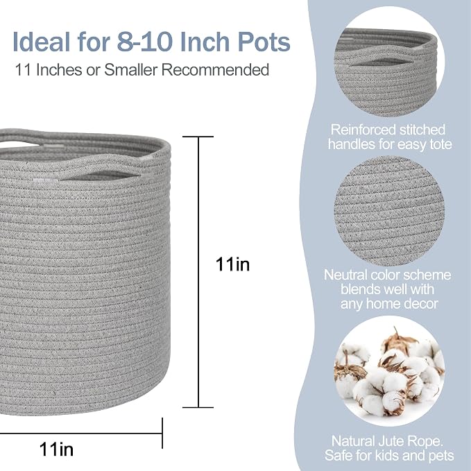 MEGASKET Cotton Rope Plant Basket, Woven Baskets Planter for 11 inch Pot, Round Indoor Tree Pot Cover, Storage Bin Organizer, Modern Basket for Plants and Home Decor, 12.5”X12.5”, Gray