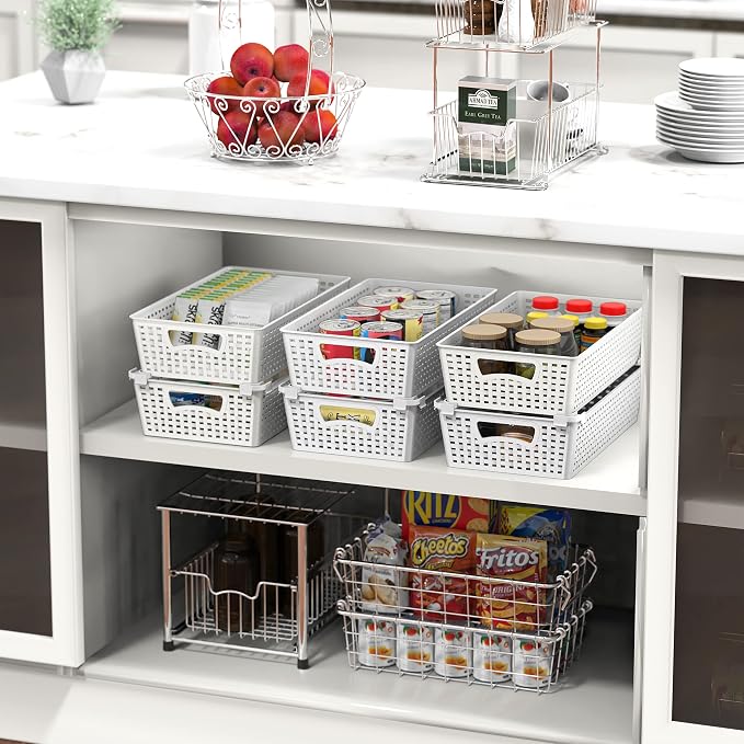 Simple Houseware Stackable Plastic Woven Basket Organizer, 6 Pack, White | 14.5" D x 8.5" W x 3.5" H