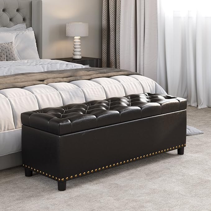 BELLEZE Storage Ottoman, Tufted Ottoman with Close Hinge, Foot Rest for Living Room (Dark Brown, 47 inch)