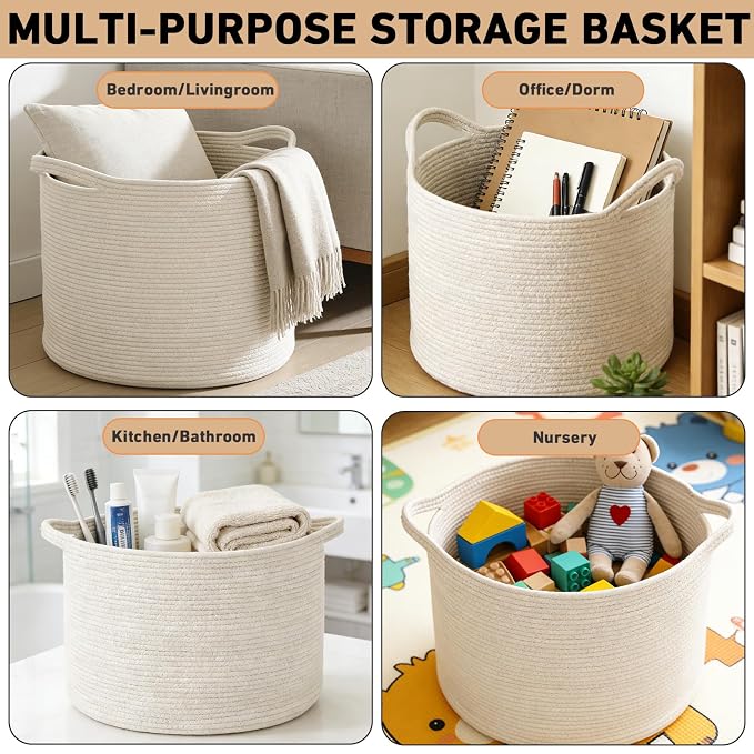 65L Large Blanket Basket,Woven Rope Laundry Basket-White | Collapsible, reinforced handles, nursery storage bin organizes clothes, toys and pillows for living room, bedroom bathroom