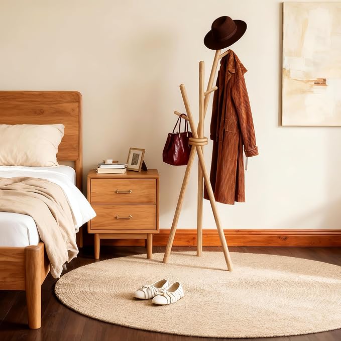VICITON Wooden Coat Rack, Tripod Coat Tree Freestanding with 3 Hooks for Clothes, Hats and Handbags, Coat Hanger Stand for Bedroom, Living Room, Entryway (Light)