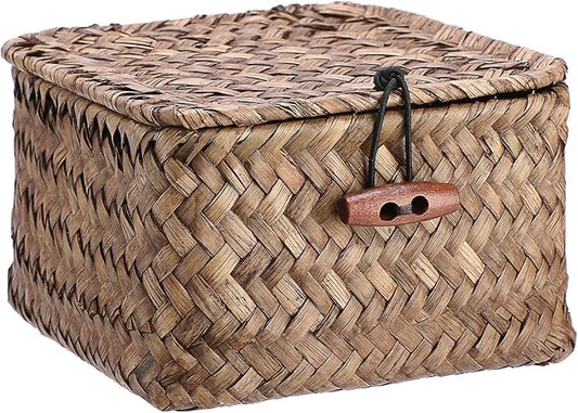 Wicker Basket with Lid Natural Seagrass Storage Box,4.7x 4.7x2.7" | Square Handwoven Basket Box for Shelf, Multipurpose Desktop Organizer Bin for Keys, Candy, Coin