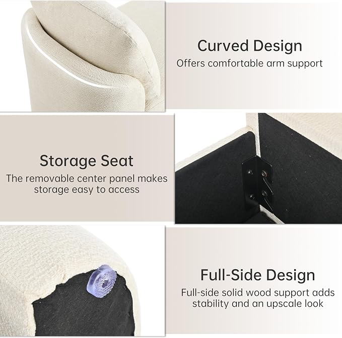 Usaint 58.3" Upholstered Storage Ottoman Bench with 2 Throw Pillows, Beige | End of Bed Bench with Curved Arms and Thickened Seat Cushion for Bedroom, Livingroom, Window, Entryway and Dressing Areas