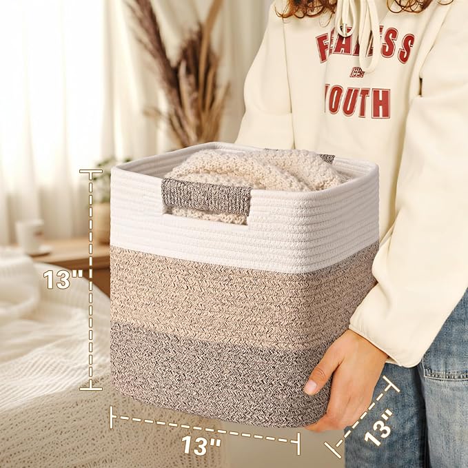 13 Inch Storage Cubes, 3 Pack Cube Storage Bins for Organizing, Cotton Rope Woven Baskets for Shelves, Bathroom, Kids Room, Closets, Baby Nursery