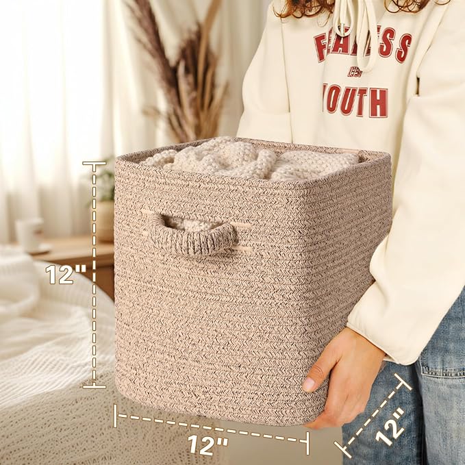 12 Inch Storage Cubes, 3 Pack Cube Storage Bins for Organizing, Cotton Rope Woven Baskets for Shelves, Bathroom, Kids Room, Closets, Baby Nursery