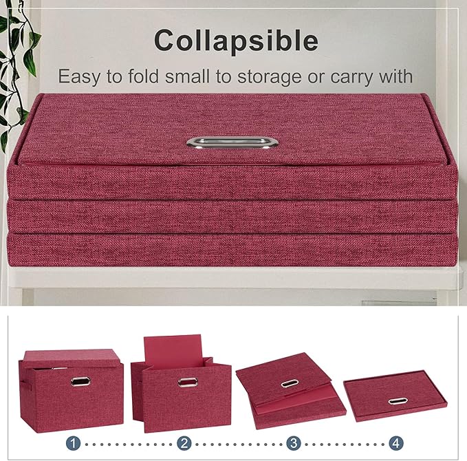 Storage Bins with Lids Fabric Closet Organizers Cubes Office Organization | 36 Quart 3 Pack Bright Red Collapsible Stackable Linen Fabric 4 Handles Bedroom Closet Cabinet Under Bed Clothes Toy Office