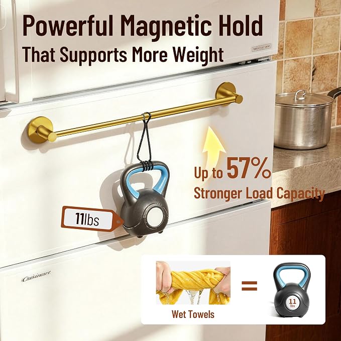 Magnetic Towel Bar, Adjustable Towel Rod with Larger Magnetic Base & Hidden Magnet Design, Non-Slip Magnetic Towel Holder for Refrigerator, Dishwasher, Oven, Washer (Brushed Gold, 2Pack)