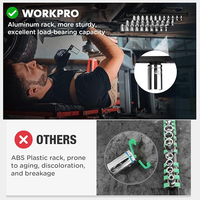 WORKPRO Magnetic Socket Organizer, Heavy Duty 1/4-Inch Drive Socket Rail | 1 Piece Socket Holder with 12 Spots, Aluminum Alloy, Rotatable & Movable Clips, Efficient Organization