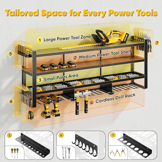 POKIPO 49" W Large Power Tool Organizer Wall Mount, 4 Layer Heavy Duty Loads 800 lbs, Tool Storage Rack Holds 12 Cordless Drills, Large Capacity Battery Holder for Garage, Gift for Men