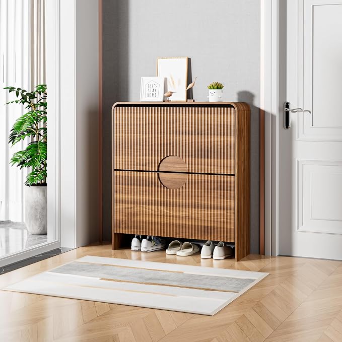 Narrow Shoe Cabinet with Entry Way, Slim Shoe Storage Cabinet for 2 Tier Doors, No Shelf, Fluted Hidden Shoe Rack Organizer for Entrance, Entry Way, Foyer, Walnut Small