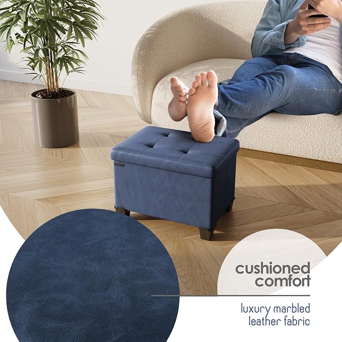 Storage Ottoman Cube with Small Bin, 16-in Square Ottoman with Storage for Living Room and Bedroom, Small Ottomans Foot Rest, Leather Foot Stools Ottomans Max 330lbs, Blue