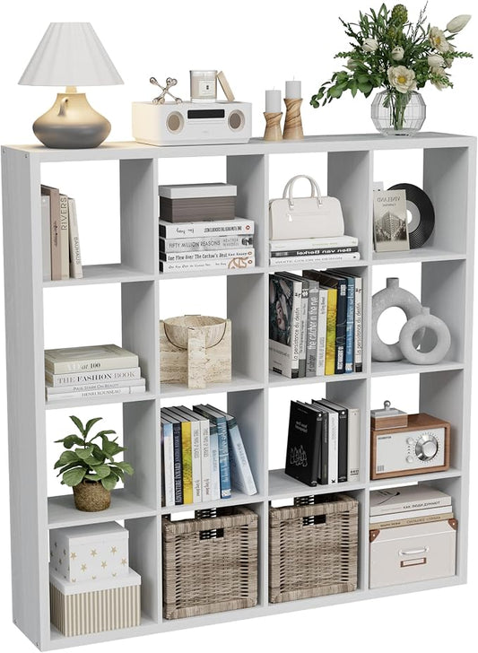 VDNEND Cube Storage Organizer Bookcase, Decorative 11 inch Open Back Cubical Shelf with Thickened Border, Display Bookshelf for Living Room, Home Office, Sturdy Room (White, 16 Cube)