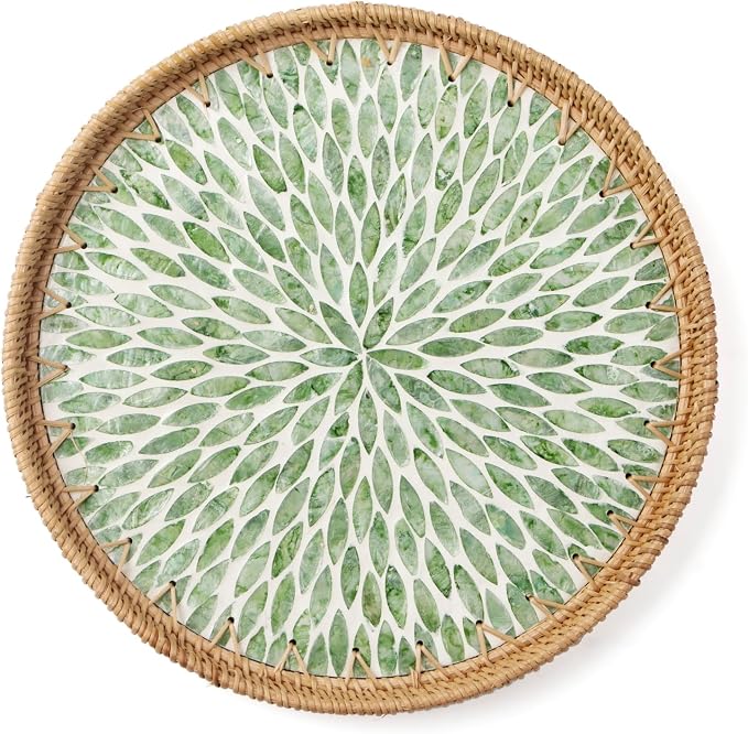 Round Rattan Tray with Mother of Pearl Inlay, Wooden Base | Coffee Table Serving Tray, Home Decorative Wicker Woven, for Outoor Patio Decor
