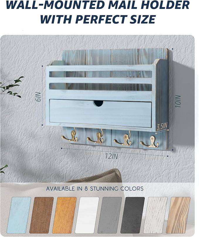 Rebee Vision Mail Organizer Wall Mount for Home Decor, Distressed Blue | Key and Mail Holder for Wall, 7 Key Hooks, Drawer Organizer, Mail Sorter, Key Hanger, Home Essentials, Room Decor Aesthetic