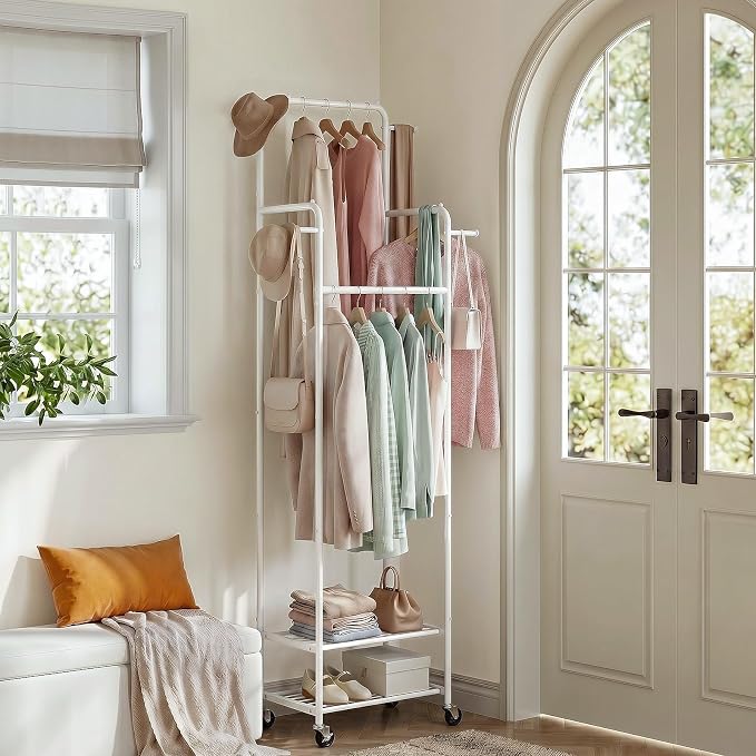 Small Clothing Rack with Wheels, Narrow Rolling Clothes Rack with 2 Shelves | Gasvadivum 71" Tall Sturdy Metal Garment Rack with 4 Hanging Rods & 4 Hooks, Portable Coat Rack for Bedroom, Bathroom, White
