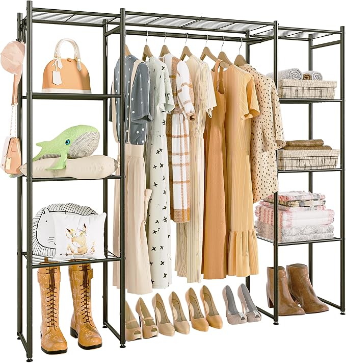 Neprock Portable Closet Wardrobe, Metal Clothing Rack with 8 Shelves & 1 Hang Rod, Free Standing Closet Rack for Hanging Clothes Closet Organizers and Storage, 63"*63"*12", Black