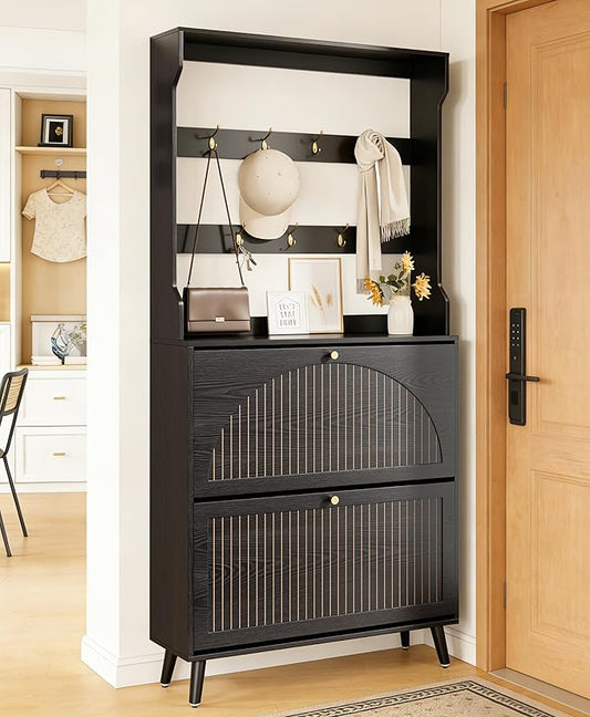 Fsbecl Shoe Cabinet for Entryway with 2 Flip Drawers & Coat Rack, Narrow Hidden Shoe Storage Cabinet with Fluted Panel, 2-in-1 Hall Tree Slim Freestanding Shoe Rack Organizer for Hallway