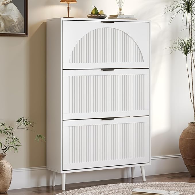 BORNOON Shoe Cabinet for Entryway with 3 Flip Drawers, Slim Wooden Shoe Storage Organizer with Modern Fluted Pannel，Freestanding Narrow Hidden Shoe Rack for Hallway, Foyer, Living Room