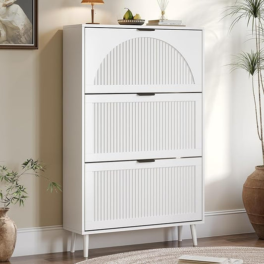 BORNOON Shoe Cabinet for Entryway with 3 Flip Drawers, Slim Wooden Shoe Storage Organizer with Modern Fluted Pannel，Freestanding Narrow Hidden Shoe Rack for Hallway, Foyer, Living Room