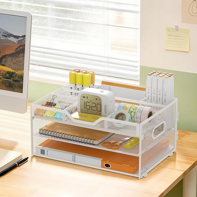 3 Tier Metal Desk Organizer with Magazine File Holder, White | Space saving workspace desk file trays. Includes pencil holder and portable handles. Ideal for school and office supplies