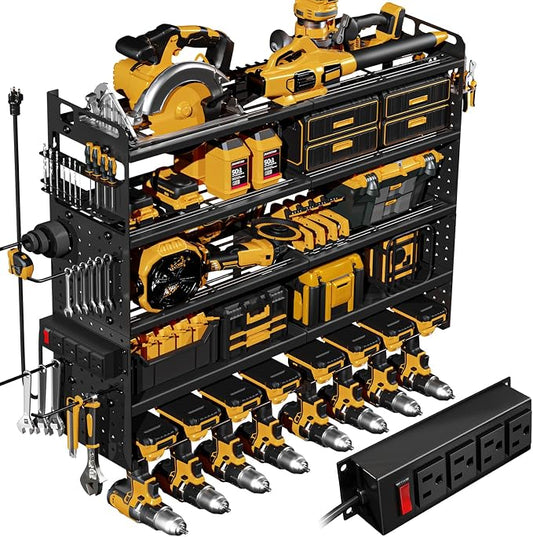 5-Tier Power Tool Organizer Wall Mount, 4-Outlet Charging Station, Garage Storage Rack with 8 Drill Holders, 34" Heavy Duty Metal Utility Shelf, Holds Over 30 Tools for Garage Workshop