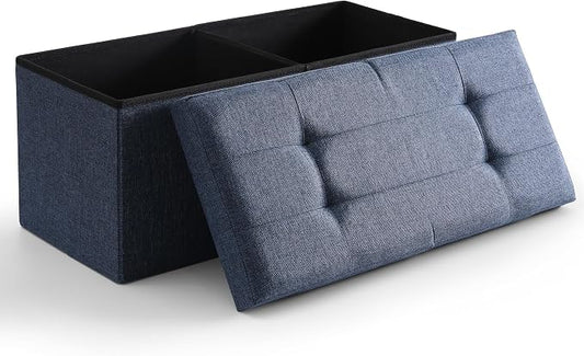 Storage Ottoman Bench Foldable Seat Footrest Shoe Bench End of Bed Storage with Flipping Lid, 75L Storage Space, 30 inches Linen Fabric Navy