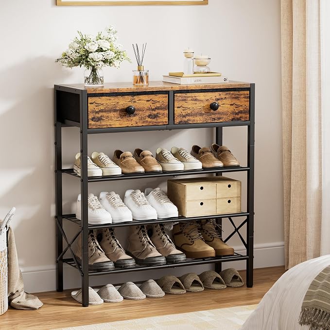 4 Tier Shoe Rack with 2 Drawers, 12-16 Pairs Rustic Brown | Holds 12-16 pairs. 2 drawers for socks/keys. Removable layer for boots. Anti-tip kit. Quick assembly.