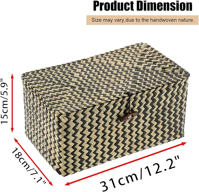 Hipiwe Wicker Shelf Baskets with Lid Seagrass Storage Baskets Handwoven Household Organizer Rectangular Woven Organizer Box for Storage Shelf Wardrobe,Medium