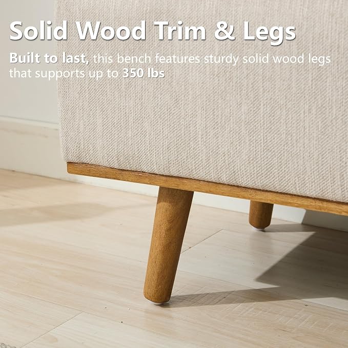 Storage Ottoman Bench, 45" End of Bed Bench, Beige | Hidden Storage Space, Linen Upholstery, Padded Cushion Top, Solid Wood Legs, 350 LBS Weight Capacity