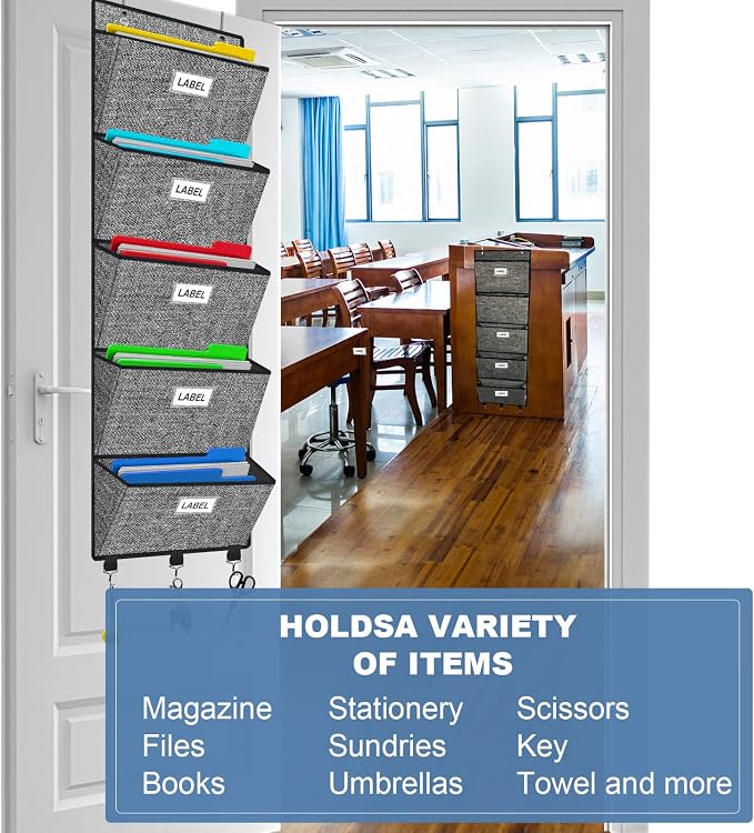 Over the Door File Organizer, Hanging Wall File Folders with 5 Large Pockets for Papers, Charts, Mails, Magazine, Office and Back To Supplies Storage and Organization (Black)