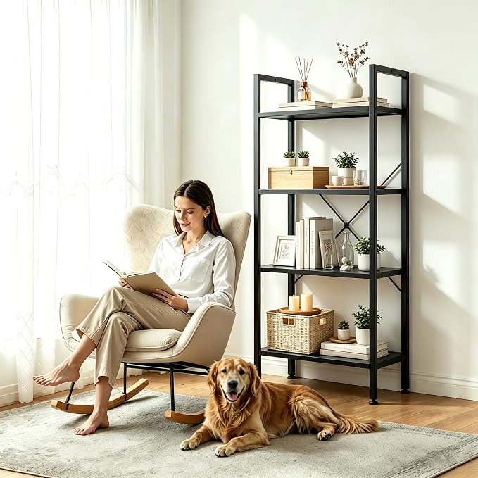 HealSmart 4 Tier Bookshelf, Free Standing Book Shelf Home Office Bookcase Shelf Storage Organizer for Bedroom, Bathroom, Living Room, Office, Balcony, Black