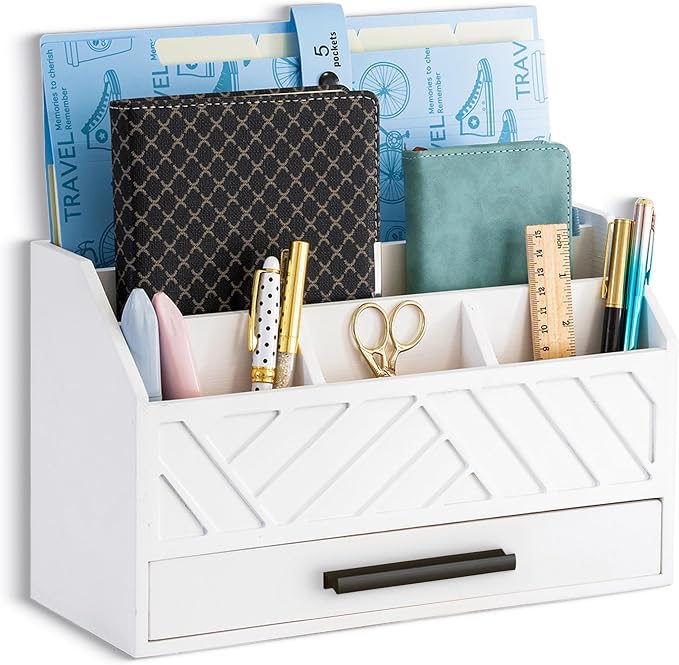 dreampossible Wood Desk Organizer and Accessories with Drawer, Bill Mail Organizer and File Mail Holder for Office Supplies, Modern Desk Accessories & Workspace Organizers for Desk Organization