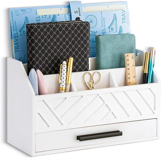 dreampossible Wood Desk Organizer and Accessories with Drawer, Bill Mail Organizer and File Mail Holder for Office Supplies, Modern Desk Accessories & Workspace Organizers for Desk Organization