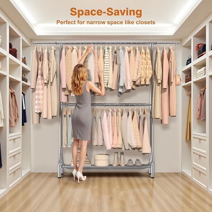 EAGMAK Double Rod Clothing Rack Load 622 LBS, Heavy Duty Clothes Rack for Hanging Clothes, 82.68 inch High Garment Rack with Sotrage Shelves, Metal Clothing Hanger Closet Wardrobe Organizer (Silver)