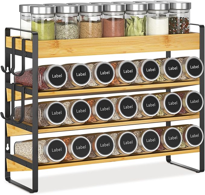 EsLuker.ly Spice Seasoning Rack Organizer Kitchen Countertop, 4 Tier Bamboo | Spice Shelf Holder Storage with 4 Hooks, Wall Mounted Freestanding Stand for Pantry, Quick Spice Access(Jars Not Included)
