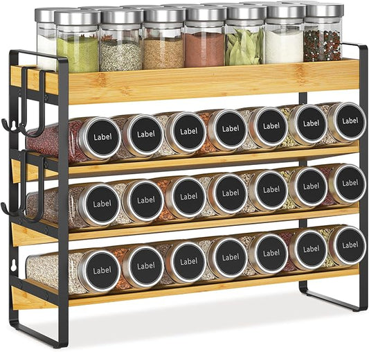 EsLuker.ly Spice Seasoning Rack Organizer Kitchen Countertop, 4 Tier Bamboo | Spice Shelf Holder Storage with 4 Hooks, Wall Mounted Freestanding Stand for Pantry, Quick Spice Access(Jars Not Included)