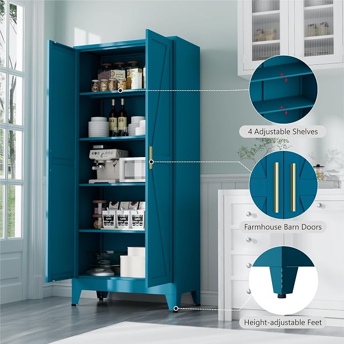 Bevivog 71" Tall Storage Cabinets Farmhouse Freestanding Tall Bookshelf with 2 Doors and 4 Adjustable Shelves, Blue Metal Pantry Cabinet for Kitchen Living Room, Home Office, Laundry, Bathroom